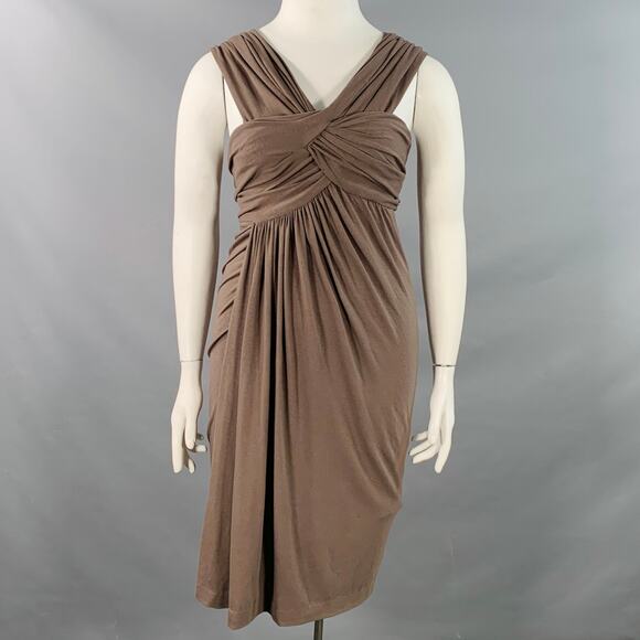 DONNA KARAN Size L Brown Wool Jersey Ruched Sleeveless Midi Dress - Picture 1 of 7